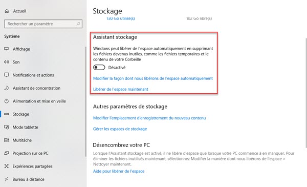 Stockage Windows 10